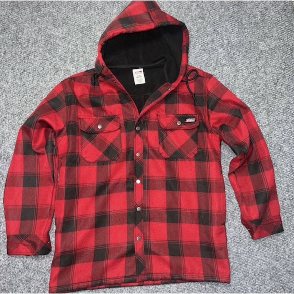 Dickies Men's L Red/Black Plaid Flannel Hoodie Snap Button Hooded Shirt Jacket